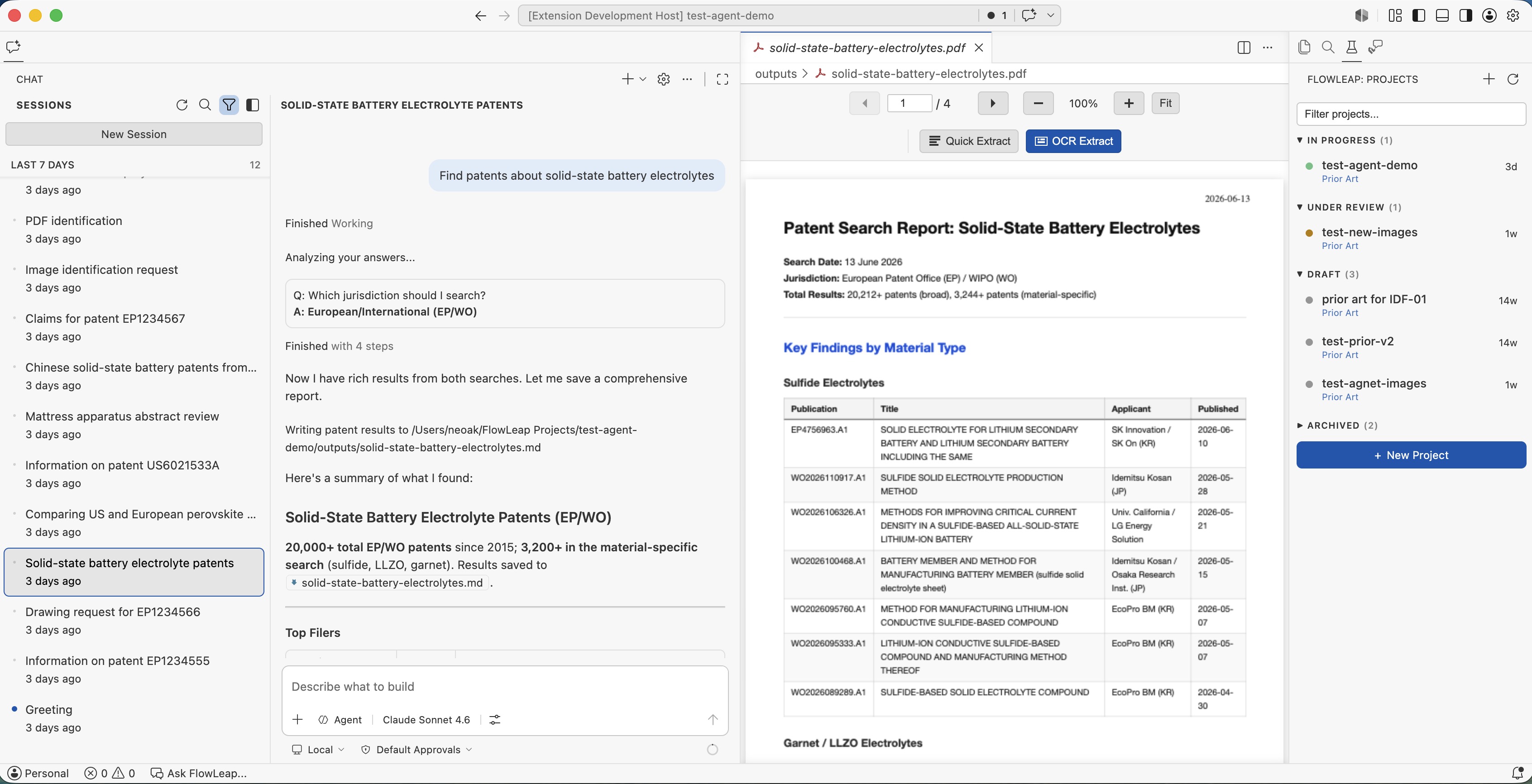 FlowLeap projects panel: matters grouped by In Progress, Under Review, Draft, and Archived.